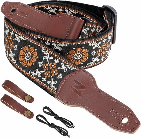Nefelibata Banjo Strap, 2"Wide Double Full Grain Cowhide Guitar Strap Adjustable Replacement,Multi-pattern Guitar Strap With Headstock Rope and Leather Headband(Embroidery Brown Flower) in Kuwait