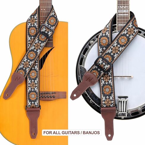 Nefelibata Banjo Strap, 2"Wide Double Full Grain Cowhide Guitar Strap Adjustable Replacement,Multi-pattern Guitar Strap With Headstock Rope and Leather Headband(Embroidery Brown Flower) in Kuwait