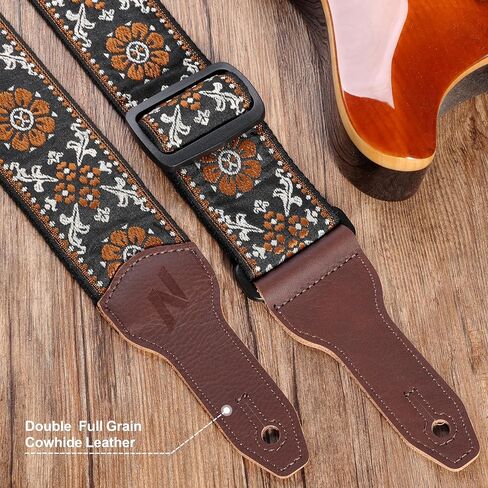 Nefelibata Banjo Strap, 2"Wide Double Full Grain Cowhide Guitar Strap Adjustable Replacement,Multi-pattern Guitar Strap With Headstock Rope and Leather Headband(Embroidery Brown Flower) in Kuwait