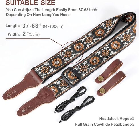 Nefelibata Banjo Strap, 2"Wide Double Full Grain Cowhide Guitar Strap Adjustable Replacement,Multi-pattern Guitar Strap With Headstock Rope and Leather Headband(Embroidery Brown Flower) in Kuwait