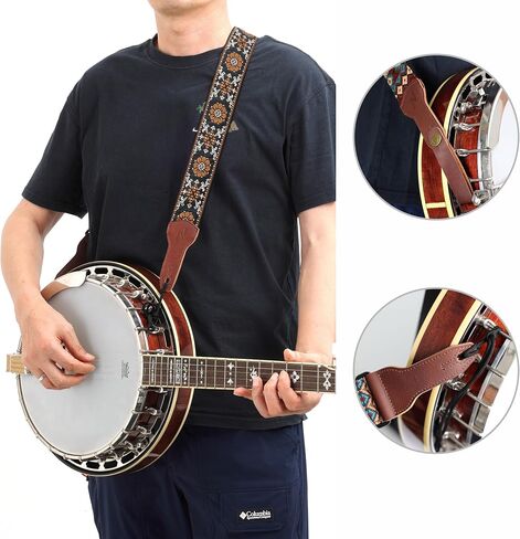 Nefelibata Banjo Strap, 2"Wide Double Full Grain Cowhide Guitar Strap Adjustable Replacement,Multi-pattern Guitar Strap With Headstock Rope and Leather Headband(Embroidery Brown Flower) in Kuwait