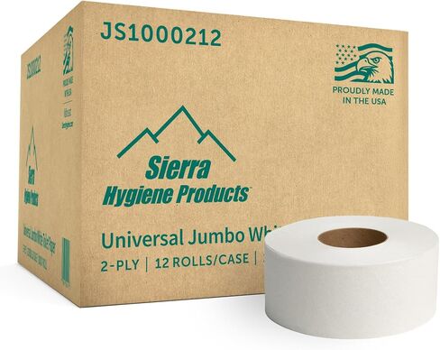 لفافات ورق تواليت ضخمة من Sierra Hygiene مكونة من طبقتين، مناديل حمام عالمية مقاس 3.5 بوصة × 1000 بوصة، ورق تواليت تجاري بقطر 9 بوصة للموزعات، آمن للصرف الصحي، صنع في الولايات المتحدة الأمريكية، 12 لفة/علبة in Kuwait