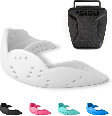 واقي الفم متوسط ​​الحجم من SISU Aero + حافظة، أبيض ثلجي - حماية أقوى بنسبة 30% لللاكروس، كرة القدم، الهوكي، الرول ديربي، الرياضات الجماعية - قابلة لإعادة التشكيل حتى 20 مرة - نحيفة - تعمل على تقويم الأسنان - غير سامة in Kuwait