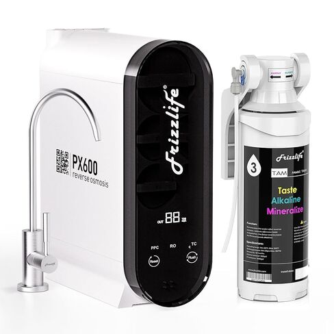 نظام تنقية المياه Frizzlife PX600 RO بالتناضح العكسي، 600 جالون في اليوم، بدون خزان، يقلل من المواد الصلبة الذائبة، 11 مرحلة، 2:1 نقي للتصريف، مضغوط، مع فلتر قلوي TAM3 in Kuwait