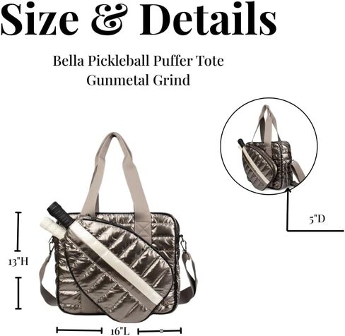 lemonbella Women’s Pickleball Tote Bag, Quilted Puffer Sports Tote, Racquet & Gear Carry Bag, Bella Pickleball Collection (Gunmetal Grind) in Kuwait