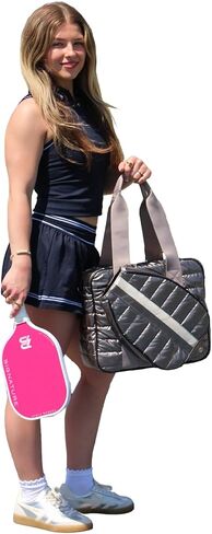 lemonbella Women’s Pickleball Tote Bag, Quilted Puffer Sports Tote, Racquet & Gear Carry Bag, Bella Pickleball Collection (Gunmetal Grind) in Kuwait