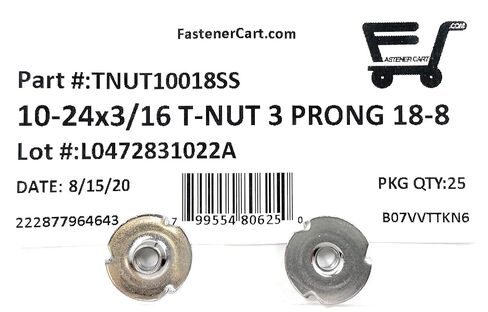T-NUT Stainless Steel 10-24x3/16 (3 Prong) Tee Nuts (10-24 Thread 3/16" Barrel Length) 18-8 Stainless - (25) Pieces in Kuwait
