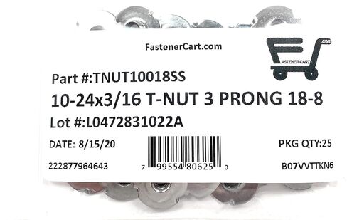 T-NUT Stainless Steel 10-24x3/16 (3 Prong) Tee Nuts (10-24 Thread 3/16" Barrel Length) 18-8 Stainless - (25) Pieces in Kuwait