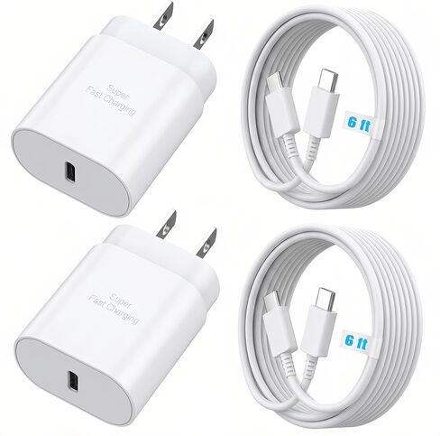 Android Charger 25W ، لشاحن Samsung ، فائقة الشحن السريع USB C ، النوع C سلك كابل الشحن 6 قدم للمجرة S25/S24 Plus/S23/S22/S21/S20/Note 20/Z طية 3/4/5/5/tablet/watch-2pack (أبيض) in Kuwait