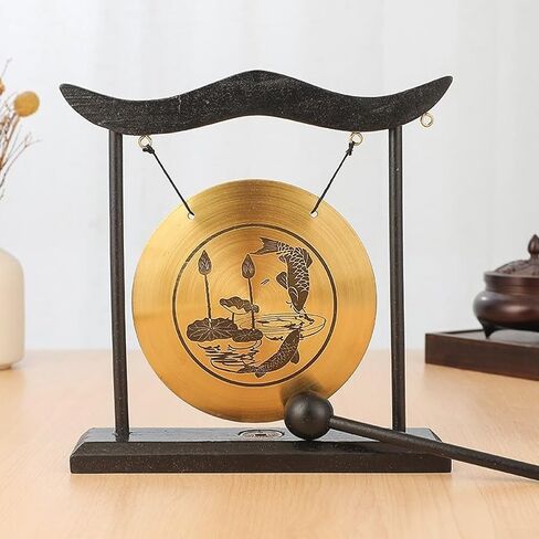 Brass Table Gong with Wooden and Mallet, 8.5 Inch Chinese Desktop Percussion Instrument Meditation, Feng Shui, Home Decor, Sound Gong Ornament, Gold Finish(C) in Kuwait