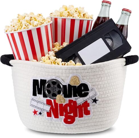 Yungyan Movie Night Supply سلة صواني الوجبات الخفيفة مع مقبض قابل لإعادة الاستخدام من القطن حبل دلو تخزين هدايا للمسرح الفشار ديكور غرفة العائلة (11.81 × 7.48 × 6.69 بوصة، وجبات خفيفة، أبيض) in Kuwait