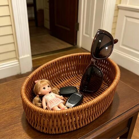 Handwoven Rattan Oval Basket, Multi-Purpose Storage Basket for Kitchen Countertop, Small Item Basket, Decorative Organizer for Snacks, Toiletries(1PC,Brown, Small) in Kuwait