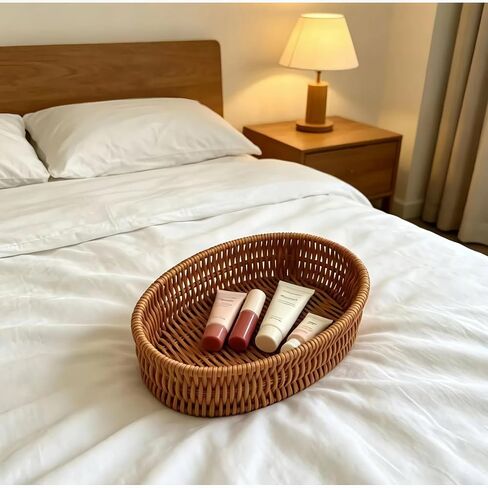 Handwoven Rattan Oval Basket, Multi-Purpose Storage Basket for Kitchen Countertop, Small Item Basket, Decorative Organizer for Snacks, Toiletries(1PC,Brown, Small) in Kuwait