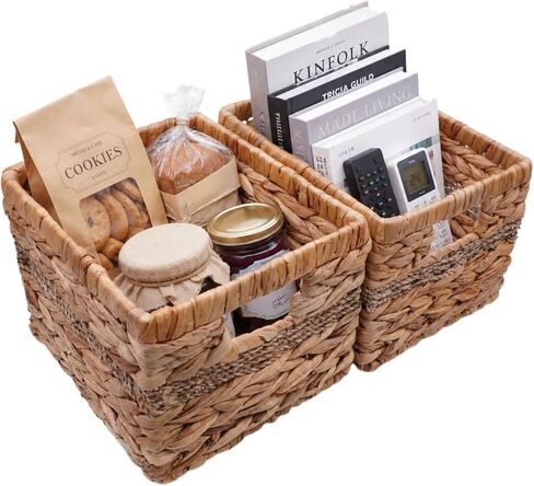 2-Pack Handwoven Water Hyacinth Wicker Storage Baskets with Built-in Handles | For Kitchen, Bathroom, Living Room - Decorative and Durable for Spices, Toys, and Toilet Paper (10 x 8.5 x 7 inches) in Kuwait