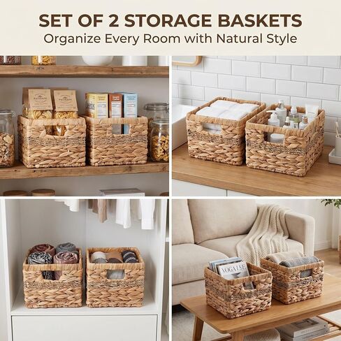 2-Pack Handwoven Water Hyacinth Wicker Storage Baskets with Built-in Handles | For Kitchen, Bathroom, Living Room - Decorative and Durable for Spices, Toys, and Toilet Paper (10 x 8.5 x 7 inches) in Kuwait