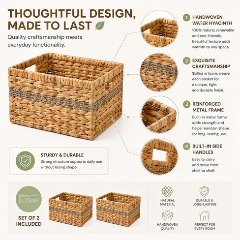 2-Pack Handwoven Water Hyacinth Wicker Storage Baskets with Built-in Handles | For Kitchen, Bathroom, Living Room - Decorative and Durable for Spices, Toys, and Toilet Paper (10 x 8.5 x 7 inches) in Kuwait