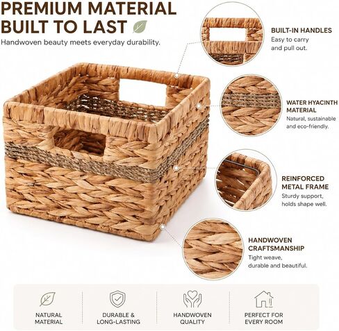 2-Pack Handwoven Water Hyacinth Wicker Storage Baskets with Built-in Handles | For Kitchen, Bathroom, Living Room - Decorative and Durable for Spices, Toys, and Toilet Paper (10 x 8.5 x 7 inches) in Kuwait
