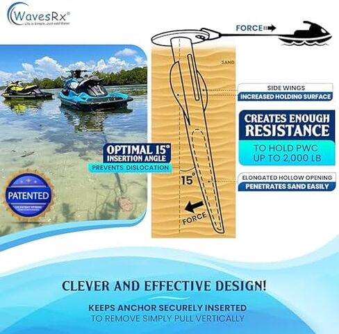 WavesRx 12'' Aluminum Spike Beach Anchor + AnchorMate Bungee Line (7'-25') | Keeps Jet Ski or Dinghy Safely Anchored Near Beach or Sandbar | Elastic Anchoring Rope Prevents PWC Anchor from Dislocating in Kuwait