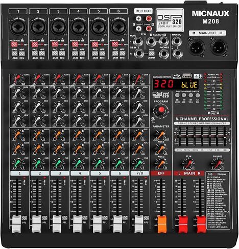 جهاز مزج الصوت 8 قنوات احترافية لوحدة التحكم الصوتي مع 320 تأثير DSP، لوحة خلط EQ DJ ذات 7 نطاقات مع USB، بلوتوث، مصدر طاقة 48 فولت، زر وسادة لتسجيل Karaoke PA Drum Live in Kuwait