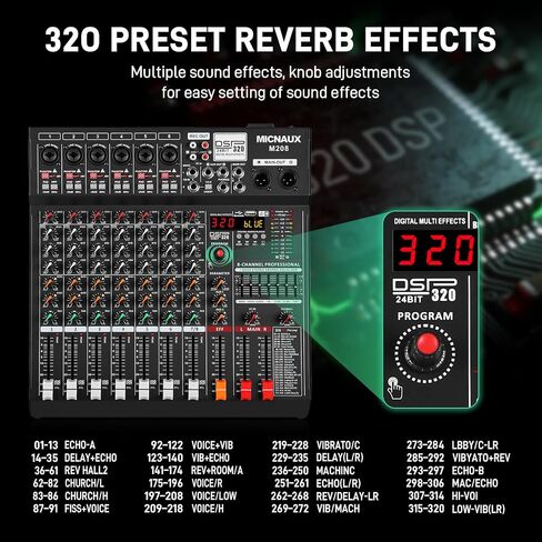جهاز مزج الصوت 8 قنوات احترافية لوحدة التحكم الصوتي مع 320 تأثير DSP، لوحة خلط EQ DJ ذات 7 نطاقات مع USB، بلوتوث، مصدر طاقة 48 فولت، زر وسادة لتسجيل Karaoke PA Drum Live in Kuwait