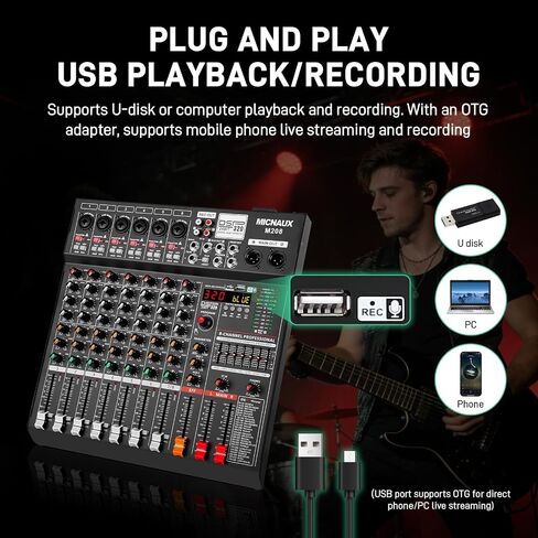 جهاز مزج الصوت 8 قنوات احترافية لوحدة التحكم الصوتي مع 320 تأثير DSP، لوحة خلط EQ DJ ذات 7 نطاقات مع USB، بلوتوث، مصدر طاقة 48 فولت، زر وسادة لتسجيل Karaoke PA Drum Live in Kuwait