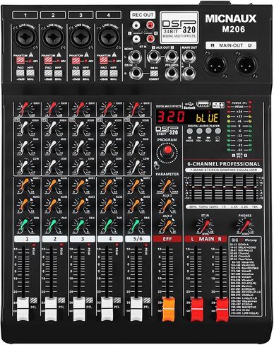 جهاز مزج الصوت 8 قنوات احترافية لوحدة التحكم الصوتي مع 320 تأثير DSP، لوحة خلط EQ DJ ذات 7 نطاقات مع USB، بلوتوث، مصدر طاقة 48 فولت، زر وسادة لتسجيل Karaoke PA Drum Live in Kuwait