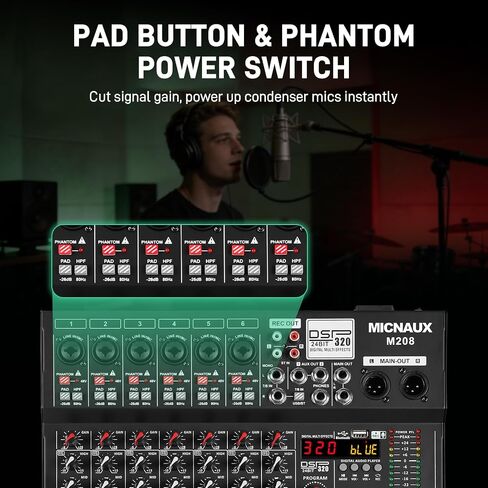 جهاز مزج الصوت 8 قنوات احترافية لوحدة التحكم الصوتي مع 320 تأثير DSP، لوحة خلط EQ DJ ذات 7 نطاقات مع USB، بلوتوث، مصدر طاقة 48 فولت، زر وسادة لتسجيل Karaoke PA Drum Live in Kuwait