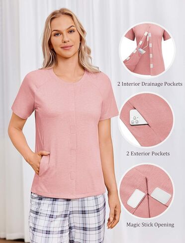 Deyeek Mastectomy Shirts with Drain Pockets for Women Chemo Port Short Sleeve Tear Away Shirts in Kuwait