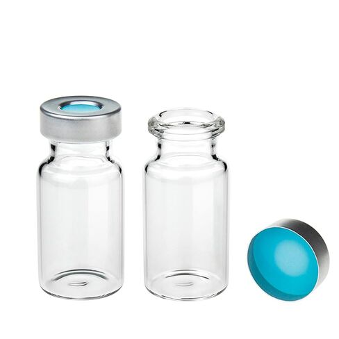 ALWSCI Borosilicate Glass Clear Flat Bottom Headspace Vial, Beveled Finish, 10ml Capacity and Aluminum Crimp Seal (10mm Hole) with 20mm Natural PTFE/Blue Silicone Septa (UltraClean) 3.0mm Thick in Kuwait