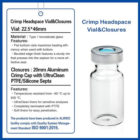 ALWSCI Borosilicate Glass Clear Flat Bottom Headspace Vial, Beveled Finish, 10ml Capacity and Aluminum Crimp Seal (10mm Hole) with 20mm Natural PTFE/Blue Silicone Septa (UltraClean) 3.0mm Thick in Kuwait
