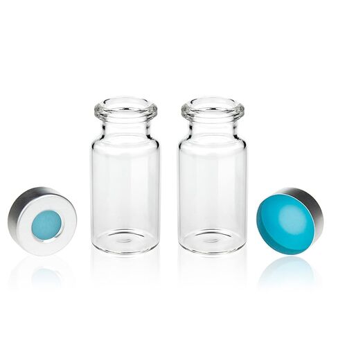 ALWSCI Borosilicate Glass Clear Flat Bottom Headspace Vial, Beveled Finish, 10ml Capacity and Aluminum Crimp Seal (10mm Hole) with 20mm Natural PTFE/Blue Silicone Septa (UltraClean) 3.0mm Thick in Kuwait
