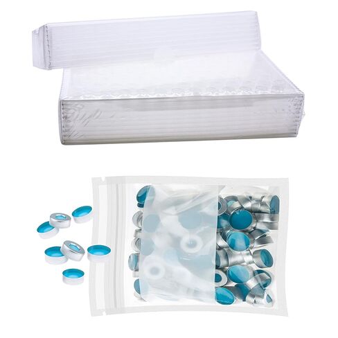 ALWSCI Borosilicate Glass Clear Flat Bottom Headspace Vial, Beveled Finish, 10ml Capacity and Aluminum Crimp Seal (10mm Hole) with 20mm Natural PTFE/Blue Silicone Septa (UltraClean) 3.0mm Thick in Kuwait