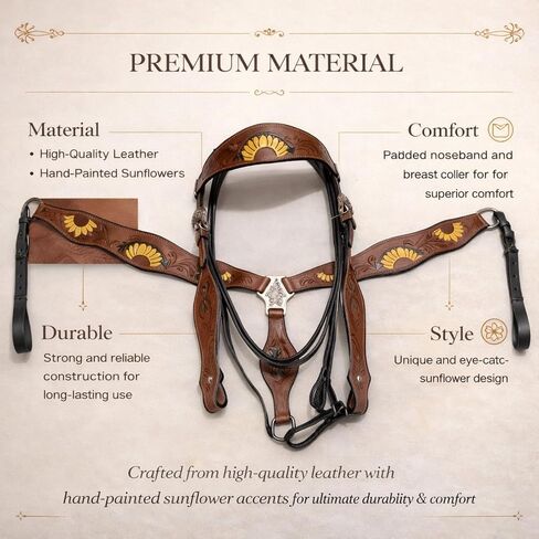Premium Horse Headstall & Breastplate Set Full Size – Handcrafted Leather Bridle with Sunflower Tooling, Adjustable Horse Tack, Durable Western Equestrian Headstall Breast Collar Set in Kuwait