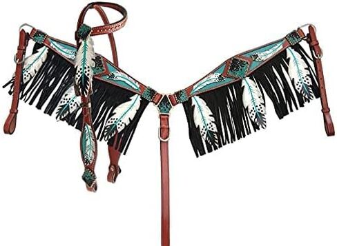 Showman Leather Headstall & Breast Collar Set w/Teal Cut-Out Feather Design Average Full Size Horse in Kuwait