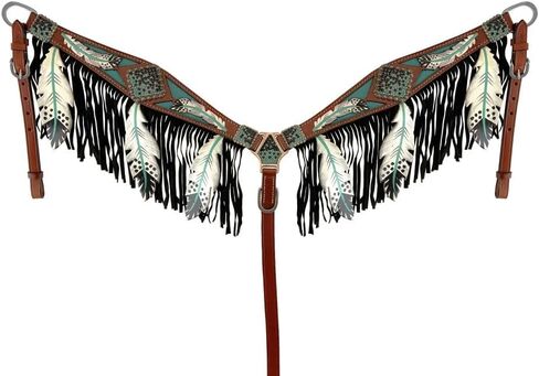Showman Leather Headstall & Breast Collar Set w/Teal Cut-Out Feather Design Average Full Size Horse in Kuwait