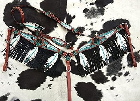 Showman Leather Headstall & Breast Collar Set w/Teal Cut-Out Feather Design Average Full Size Horse in Kuwait