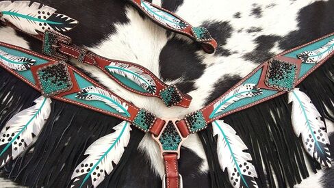 Showman Leather Headstall & Breast Collar Set w/Teal Cut-Out Feather Design Average Full Size Horse in Kuwait