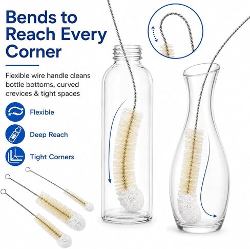 Multi-Use Bendable Bottle Brush Set - Small Crevice Cleaning Brushes for Hydro Flasks, Wine Bottles & Small Containers in Kuwait