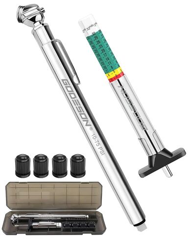 GODESON Tire Tread Depth Gauge & Pencil Tire Pressure Gauge 10-75 PSI, Calibrated to ANSI B40.1 Grade B(±2%), Color-Coded Tread Indicator, 4 Valve Caps & Storage Case, Tire Safety Kit for Cars, SUVs in Saudi Arabia