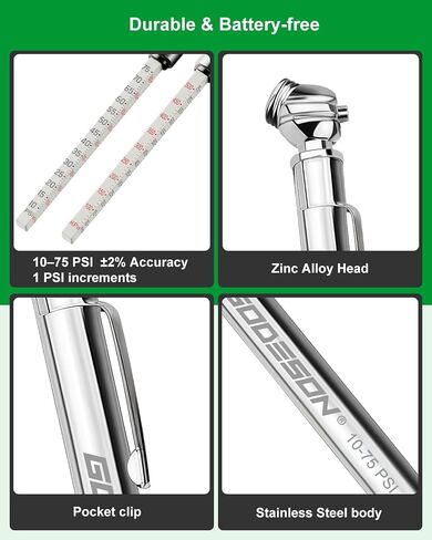 GODESON Tire Tread Depth Gauge & Pencil Tire Pressure Gauge 10-75 PSI, Calibrated to ANSI B40.1 Grade B(±2%), Color-Coded Tread Indicator, 4 Valve Caps & Storage Case, Tire Safety Kit for Cars, SUVs in Saudi Arabia