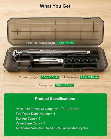 GODESON Tire Tread Depth Gauge & Pencil Tire Pressure Gauge 10-75 PSI, Calibrated to ANSI B40.1 Grade B(±2%), Color-Coded Tread Indicator, 4 Valve Caps & Storage Case, Tire Safety Kit for Cars, SUVs in Saudi Arabia