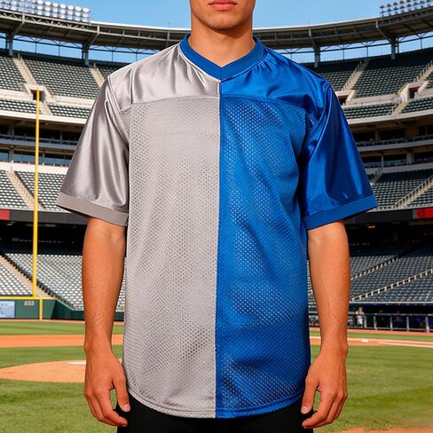Split Blue Silver Mesh Football Jersey,Blank Breathable Short Sleeve V-Neck Athletic Shirt for Hip Hop Streetwear in Kuwait