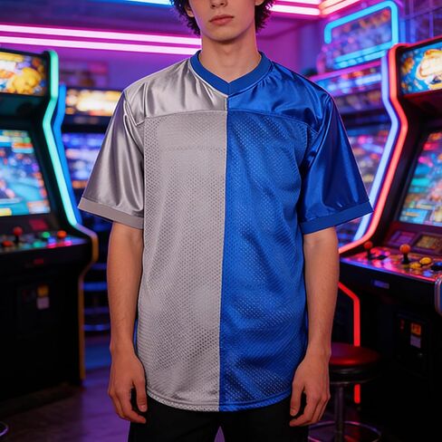 Split Blue Silver Mesh Football Jersey,Blank Breathable Short Sleeve V-Neck Athletic Shirt for Hip Hop Streetwear in Kuwait