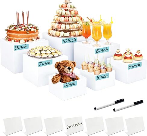 7pcs Acrylic Buffet Risers Set Nestable Cube Display Stands Large Food Display Shelves for Dessert Table Catering Parties Wedding Jewelry Collectibles Figures(Size 10" 9" 8" 7" 6" 5" 5",White) in Kuwait