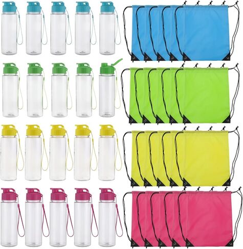 ZALIR 20 Pack Reusable Plastic Water Bottles, 17 oz with Flip Lid & Detachable Handle, Plus 20 Polyester Drawstring Backpacks, Multicolored Set for Sports, Gym, Travel, Event Gifts in Kuwait