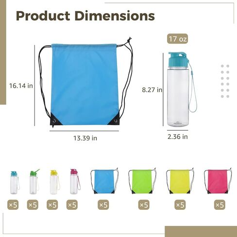 ZALIR 20 Pack Reusable Plastic Water Bottles, 17 oz with Flip Lid & Detachable Handle, Plus 20 Polyester Drawstring Backpacks, Multicolored Set for Sports, Gym, Travel, Event Gifts in Kuwait