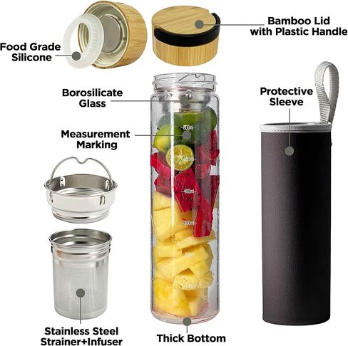 23oz Borosilicate Glass Water Bottle with Bamboo Lid and Neoprene Sleeve - Glass Sports Water Bottle for Drinking in Kuwait