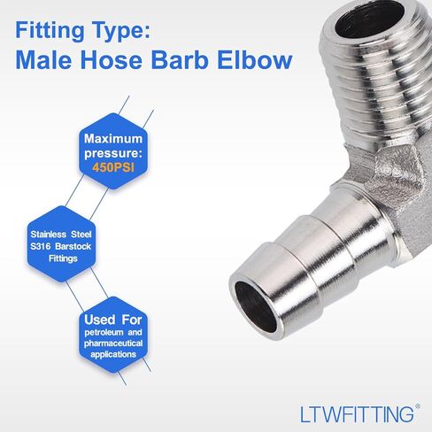 LTWFITTING 90 Degree Elbow Stainless Steel 316 Barb Fitting 3/8" ID Hose x 1/4" Male NPT Air Gas (Pack of 10) in Kuwait