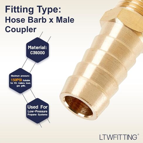 LTWFITTING Brass Fitting Connector 1/2-Inch Hose Barb x 1/4-Inch NPT Male Vehicle Fuel System Heater System (Pack of 10) in Kuwait