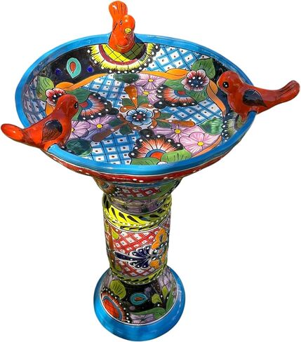 Talavera Birdbath – 27" Hand-Painted Mexican Pottery, Colorful Garden Decor, Outdoor Safe – With or Without Birds (With Birds) in Saudi Arabia